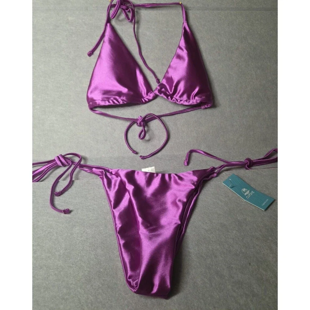 CUPSHE Satin Purple Triangle String 2pc Bikini Set Womens Sz M Tie Side Halter
